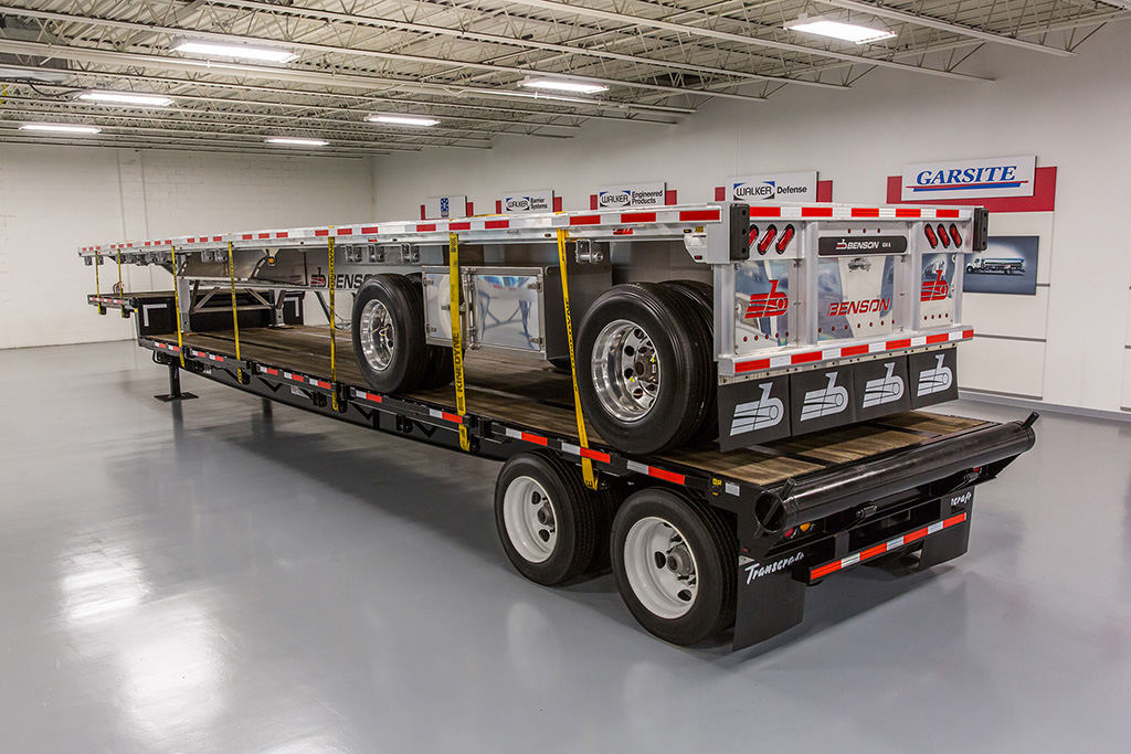Stacked Flatbed Semi-Trailer in Great Western Trailer's Facility