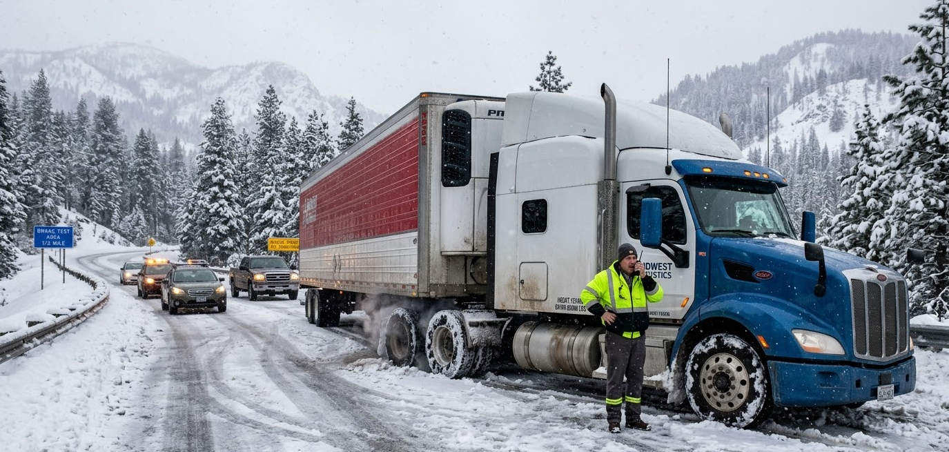 Semi Trailer Stuck on Road due to snow